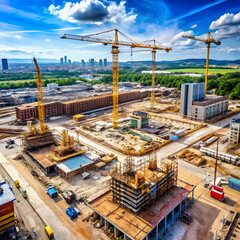 A construction site view, showcasing machinery, workers, scaffolding,