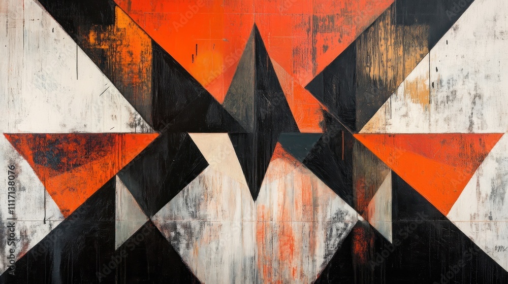 Poster an abstract work with symmetrical forms that are slightly distorted or broken, suggesting imperfecti