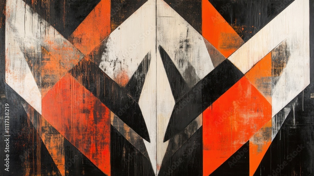 Poster an abstract work with symmetrical forms that are slightly distorted or broken, suggesting imperfecti
