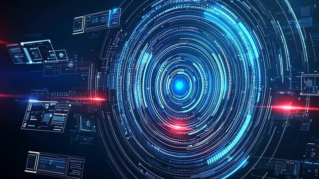 Futuristic abstract circular design with glowing elements and intricate patterns, ideal for tech-oriented visuals.