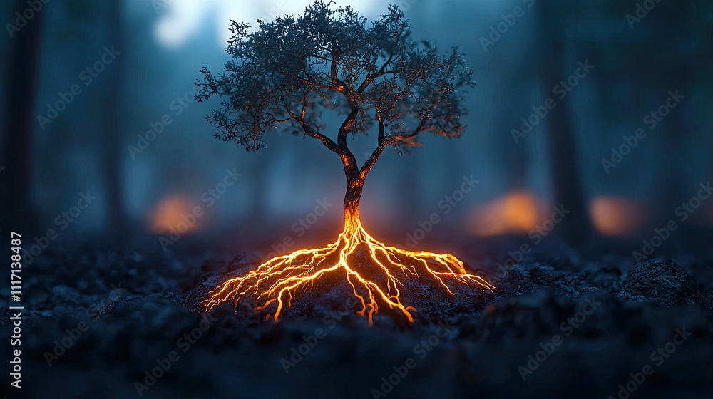 Poster a glowing tree with luminous roots in a mystical forest setting.