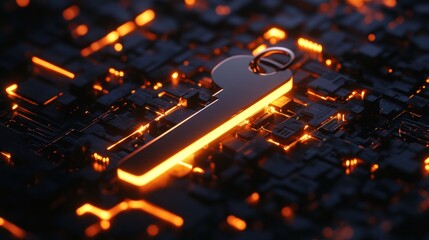 A glowing key symbol on a dark, circuit-like background, representing digital security or access.