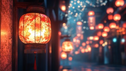 Fototapeta premium Traditional Lunar New Year lanterns, red and gold theme, delicate patterns, warm festive lighting.