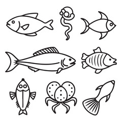 Seafood and fish glyph icon set vector illustrator. Engraved fish bream, mackerel, tuna or sterlet, catfish, codfish and halibut, lobster