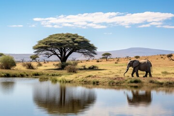 Naklejka premium An elephant making its way toward an isolated waterhole, surrounded by sparse vegetation under a clear blue sky. The calm water reflects the elephant's image