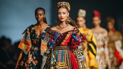 Fototapeta premium A global fashion show where designers from different countries showcase traditional and modern designs, blending cultural elements and promoting multiculturalism.