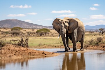Obraz premium An elephant making its way toward an isolated waterhole, surrounded by sparse vegetation under a clear blue sky. The calm water reflects the elephant's image