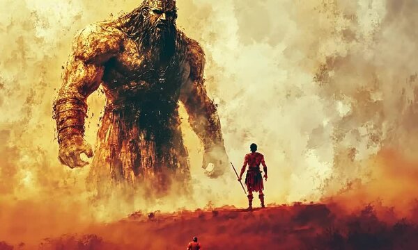 Epic Battle Scene. Warrior and Giant Standoff in Digital Art