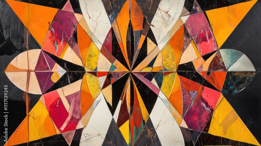 Poster an abstract work with symmetrical forms that are slightly distorted or broken, suggesting imperfecti