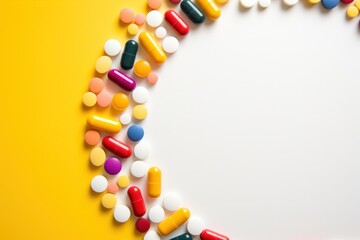 Obraz premium An overhead view showcasing a creative frame made from various multicolored capsules and tablets, set against a striking yellow background. The vibrant colors of the pills pop against