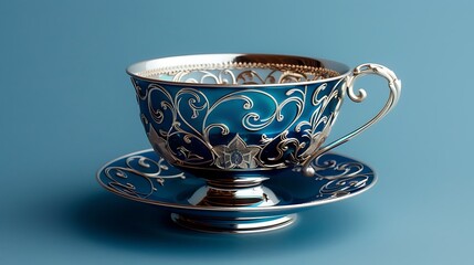 Cup with a delicate silver filigree design on blue background