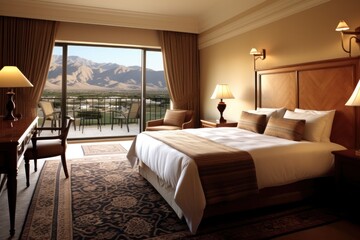 Fototapeta premium An upscale hotel room featuring a lavish king-sized bed with a luxurious duvet, decorative pillows, and a plush area rug. The room is equipped with a large wardrobe, a bedside lamp