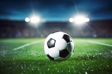 Naklejka premium Close-up of a pristine soccer ball lying on the center spot of an immaculate grass pitch, surrounded by the blurred outlines of cheering fans 