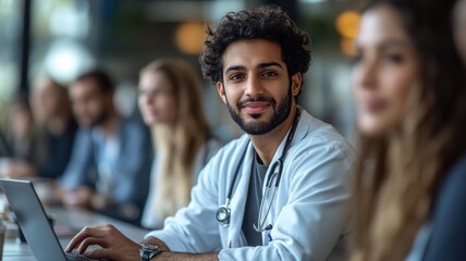 Young Indian medical team leader presenting job application on laptop to colleagues. Diverse doctors meeting at computer, talking on group video call.