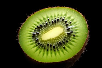Close-up view of a juicy kiwi slice showing vibrant green flesh and tiny black seeds, with the fuzzy skin around the edges.