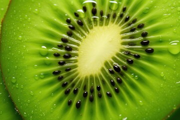 Close-up view of a juicy kiwi slice showing vibrant green flesh and tiny black seeds, with the fuzzy skin around the edges.