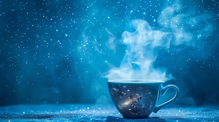 Cup with steam forming into galaxies on blue background