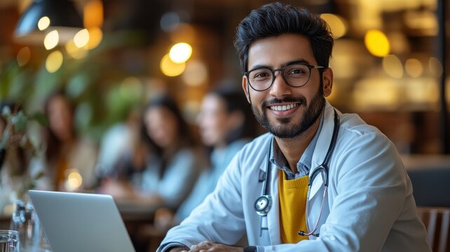 Young Indian medical team leader presenting job application on laptop to colleagues. Diverse doctors meeting at computer, talking on group video call. - Powered by Adobe