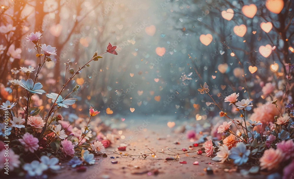 Aufkleber a forest scene with a path of flowers and a lot of pink flowers. the flowers are scattered all over 