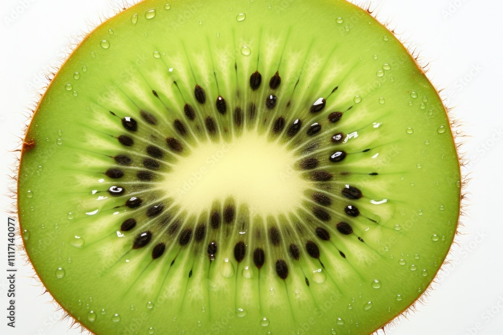 Poster fresh kiwi slice with visible texture and small black seeds evenly spread across the green surface, 