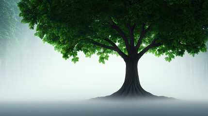 Obraz premium A majestic tree amidst a foggy landscape, showcasing nature's tranquility and beauty.