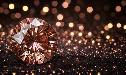 Fototapeta premium A radiant, peach-toned diamond, meticulously faceted, rests on a bed of glittering, dark brown sparkles, with a bokeh of warm, golden lights in the background.