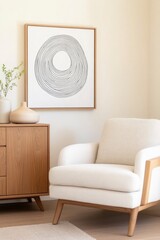 modern living room with wooden sideboard, armchair and abstract art frame on wall