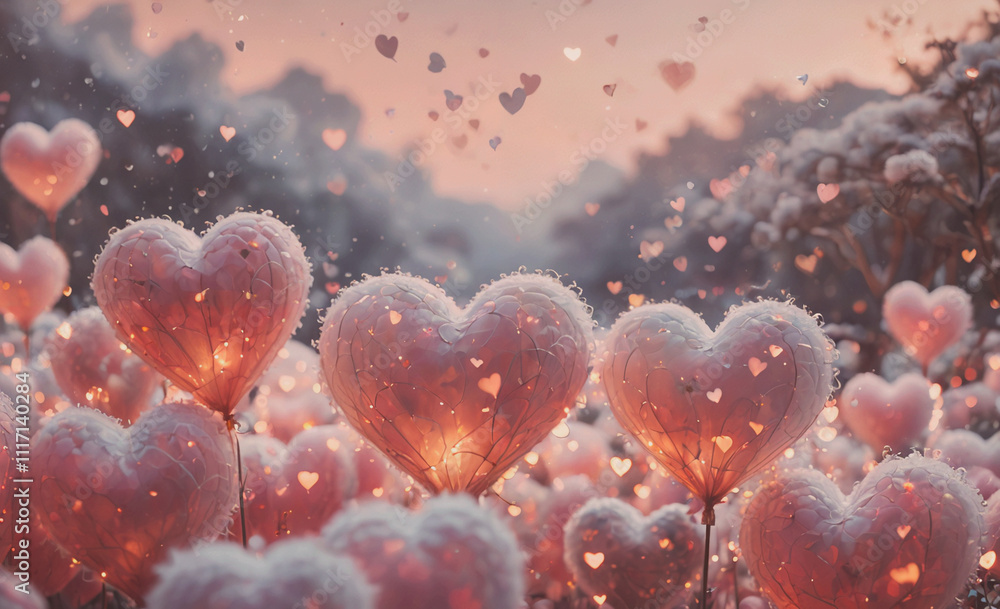 Poster a field of pink hearts with snowflakes falling around them. the snowflakes are lit up, creating a wa