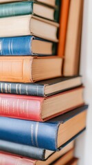 A stack of colorful leather bound books on white color wooden background