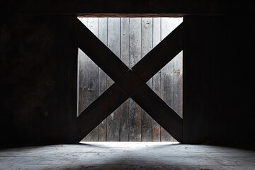 Fototapeta premium In a shadowy room, a cross-shaped door takes center stage, its dark wood surface reflecting minimal light. The door's geometric design creates an intriguing focal point