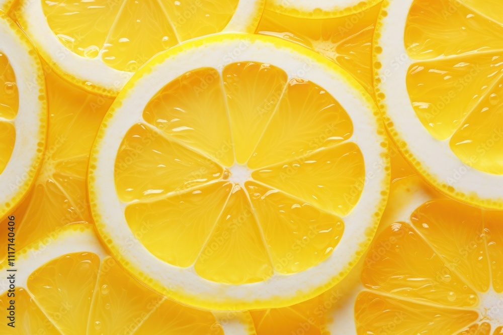 Poster lemon slices placed in a pattern with visible pulp details and textured peel, creating a bright and 