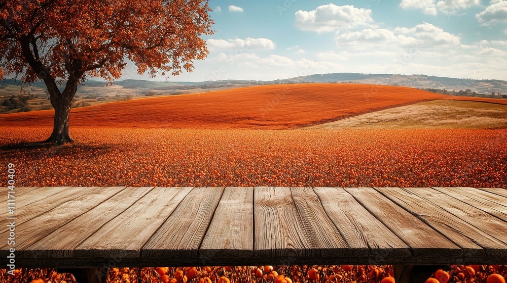 Poster empty wooden table with orange field background and tree