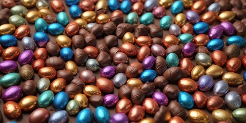 Fototapeta premium Chocolate easter egg circle made of individually wrapped chocolates and decorated with colorful metallic foil, chocolate eggs, edible decoration
