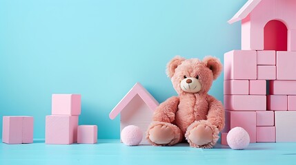 Cute teddy bear pink wooden cubes and toy houses on light blue background