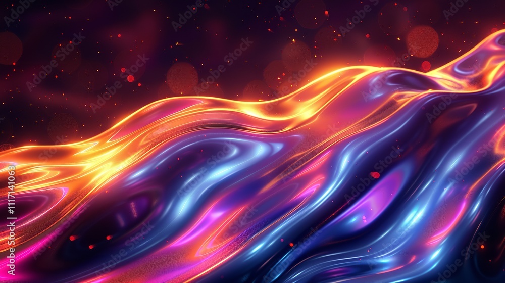 Poster vivid dynamic shimmering metallic wave on abstract gradient background.