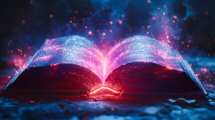 Magic fantasy and spiritual scene with a book and light on a table
