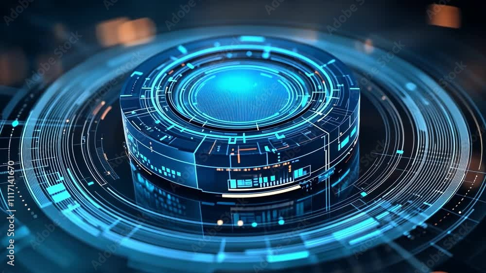 Poster futuristic digital interface with glowing elements, round holographic display on dark background.