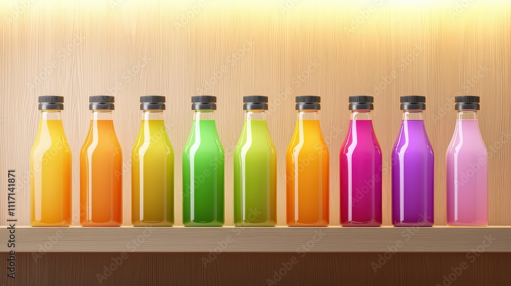 Poster a collection of colorful juice bottles with minimalist labels, neatly arranged on a wooden shelf wit
