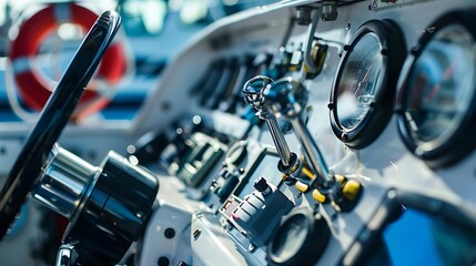 Fototapeta premium Detailed shot of a boat engine control panel with gauges