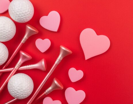Pastel hearts with golf balls and tees on red background, Valentine's Day golfing design