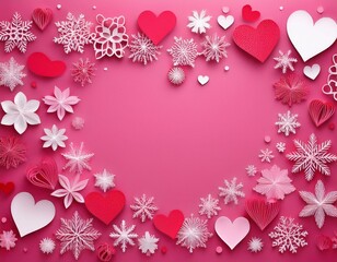 Cut-paper Valentine heart and snowflake background, pink paper winter Valentine's Day background