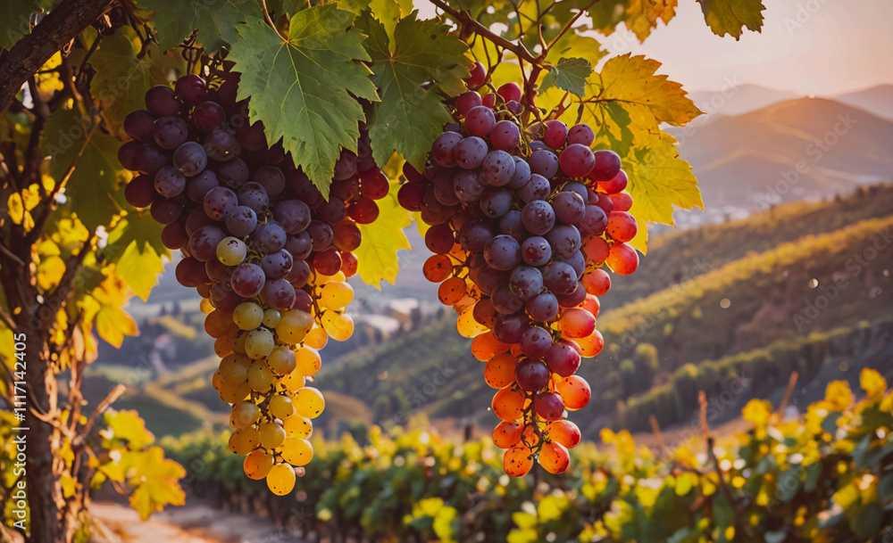 Poster a bunch of grapes hanging from a vine. the grapes are ripe and ready to be picked. the vine is surro