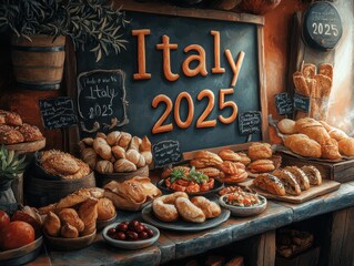 Rustic Italian Street-Side Bakery Scene with Assorted Fresh Pastries and Breads