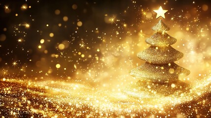 Sparkling Golden Christmas Tree on a Festive Glimmering Background