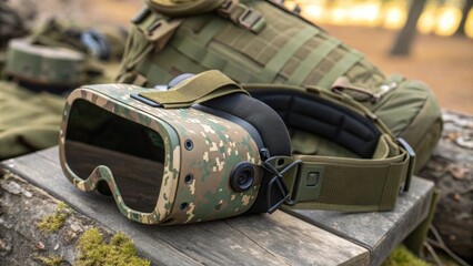 Camouflaged virtual reality headset sits on a wooden surface with a military style backpack in the background, suggesting its use in tactical training or simulated combat scenarios