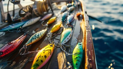 Detailed view of a boat deck with colorful fishing lures