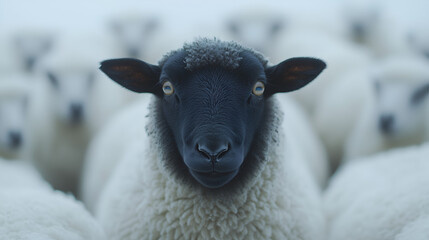  black sheep stands out in the middle of a flock of white sheep