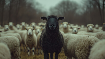  black sheep stands out in the middle of a flock of white sheep