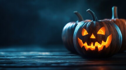 Spooky Halloween Pumpkins with Eerie Glow on Dark Background