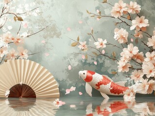 Traditional Japanese Koi Pond Scene with Koinobori Fish and Cherry Blossoms